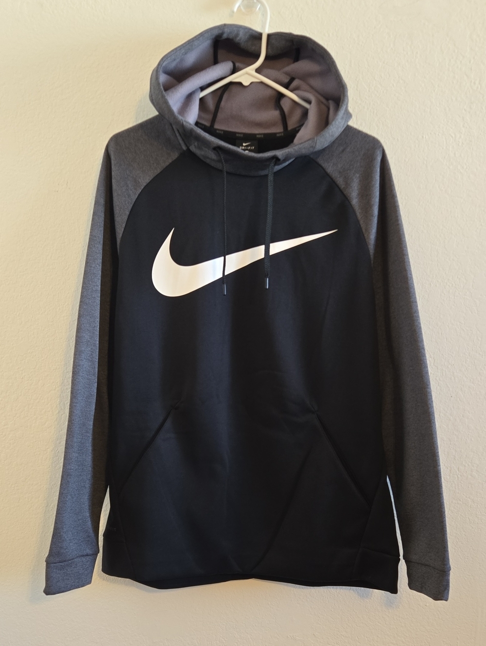 Nike Black & Gray Pullover Hoodie with White Swoosh - Medium